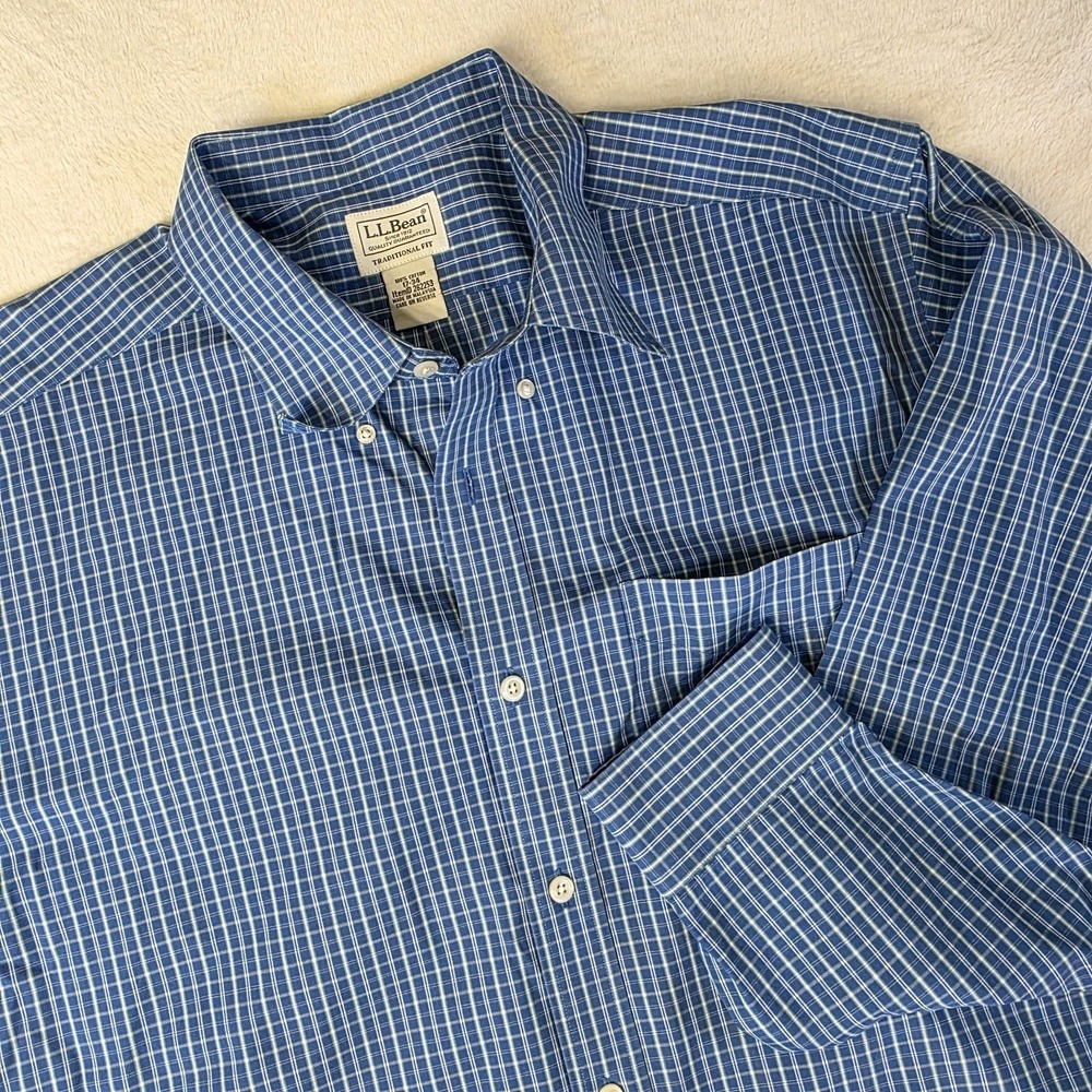 L.L.Bean Button Down Long Sleeve Shirt Mens 17-34 Blue Traditional Fit Tatters